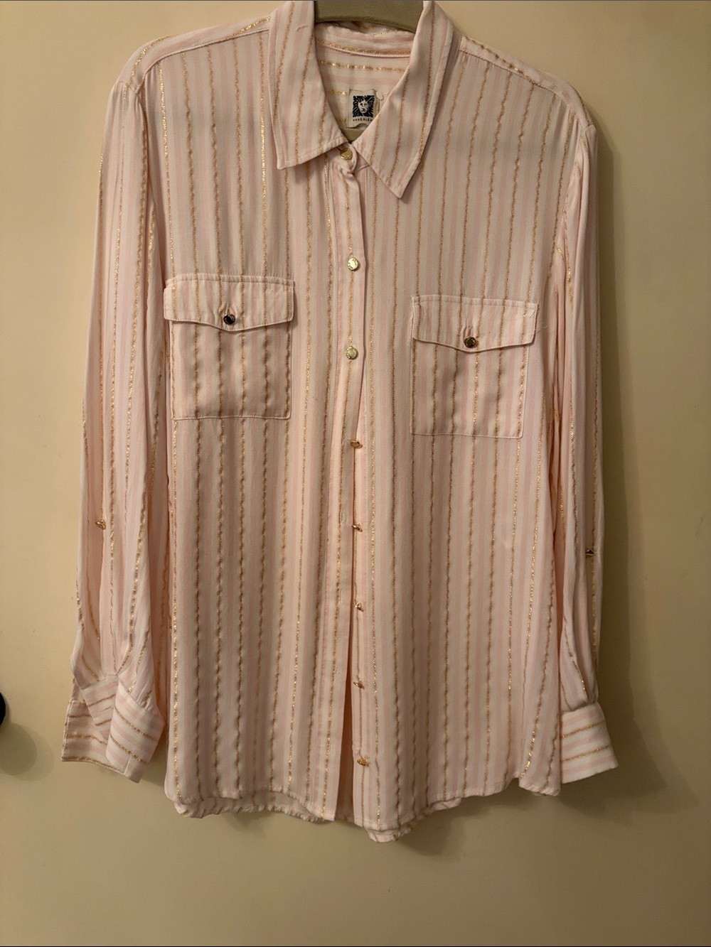 Anne Klein Light Pink Button-Down Shirt with Gold Stripe Detail